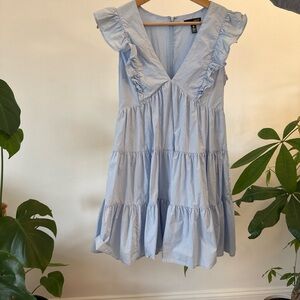 Bloomingdale’s Aqua Light Blue Ruffle Tiered V-Neck Mini Dress